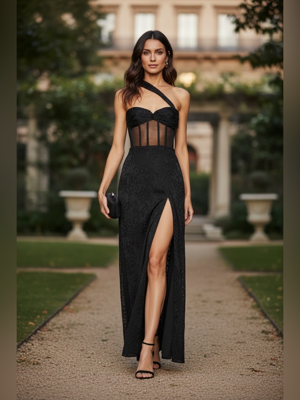 Michael Costello X Revolve Cecilia  Black Sheer-Waist Evening Gown Sz M